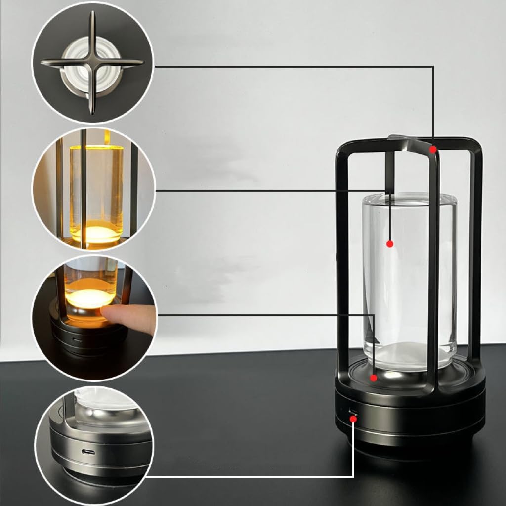 HAPYGI Portable Metal Table Lamp, Rechargeable LED, 3-Colour Dimming, Small, Black, Model A-LAMP