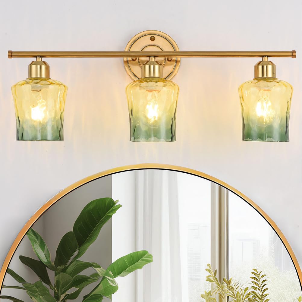 Modxian Modern 3-Light Glass Bathroom Light Over Mirror, Gold Vanity Light with Yellow Green Gradient Glass Shade, E26 Bathroom 