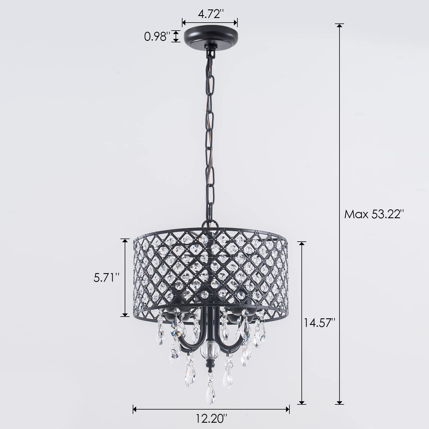 VILUXY Black Crystal Chandelier - Modern 4-Light Pendant Light Fixture for Bedroom, Kitchen, Dining Room, Entry