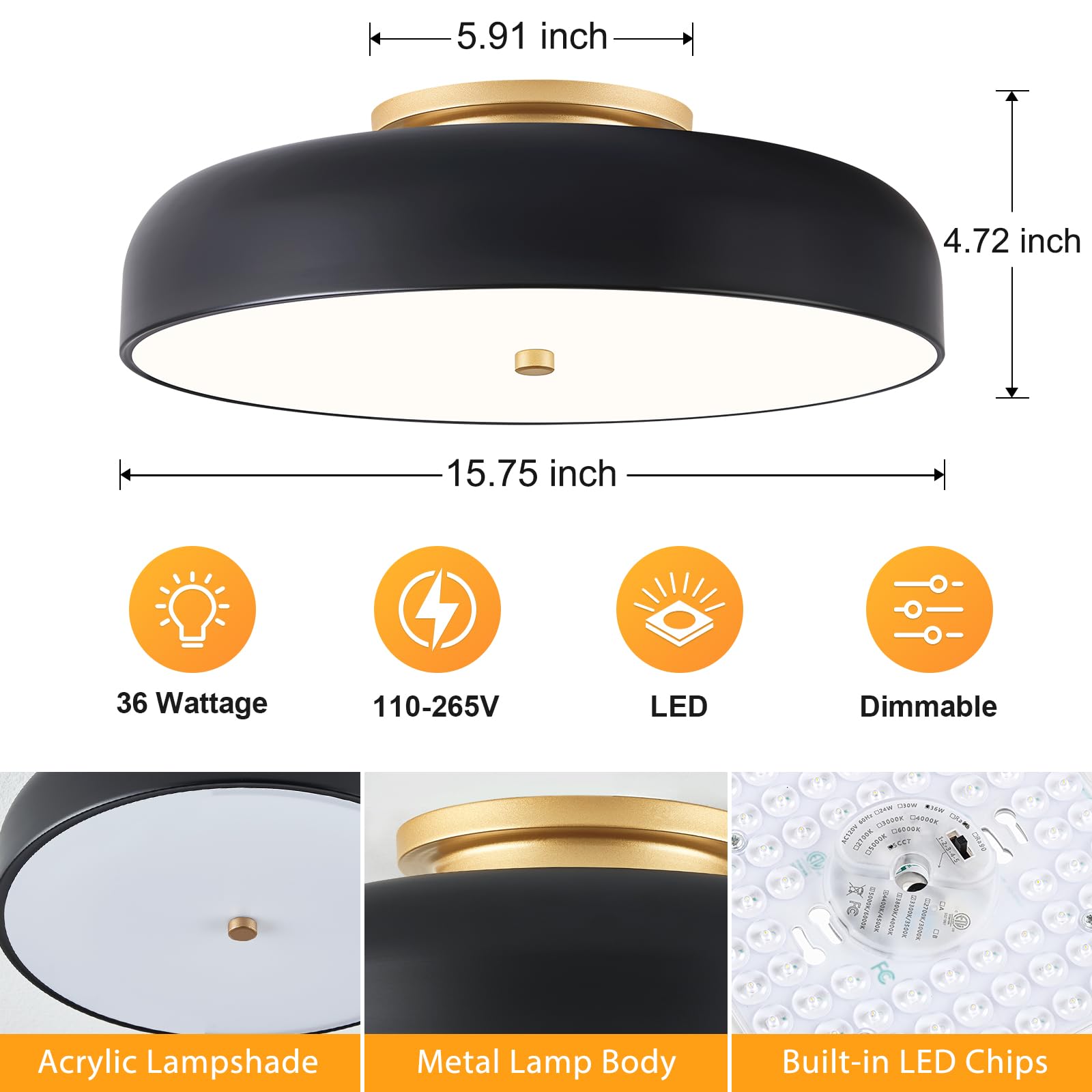 Onesming Dimmable Led Ceiling Light Fixture, 2700K-6000K 5Cct Modern Mid-Century Semi Flush Mount Ceiling Light, Black Close To