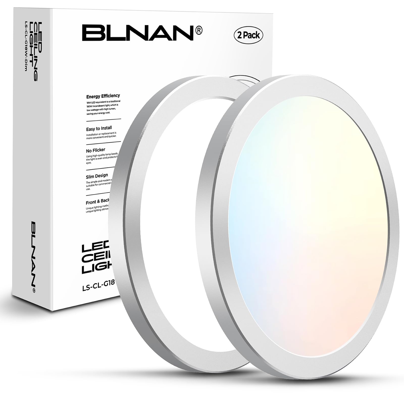 BLNAN LED Flush Mount Ceiling Light Fixture, 9 Inch, 3000K/4000K/5000K, Silver, Model LS-CL-G18W-Dim, 2