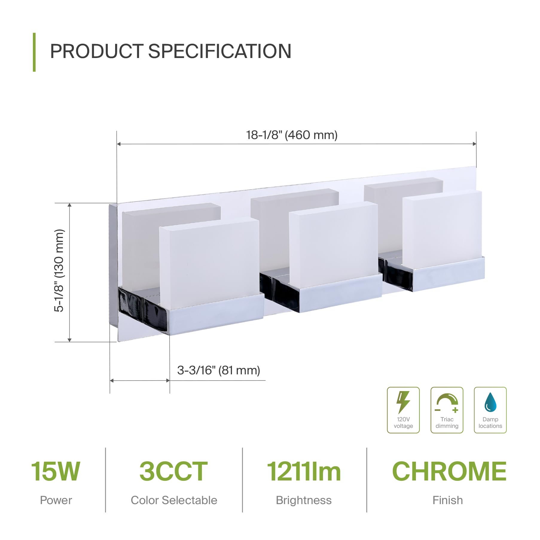 ASD 18-Inch LED Bathroom Vanity Light Fixture, 3-Lights 15W, Dimmable, Chrome, ETL Listed, Model A-LVF24M-3D15CC