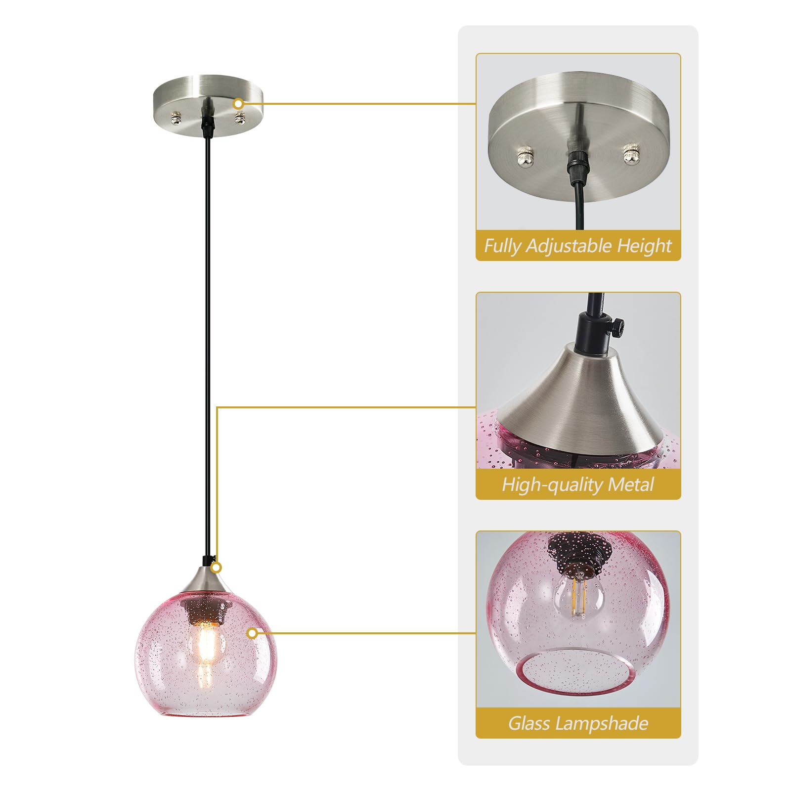 Lbsqj Pink Glass Pendant Lights Kitchen Island Globe Pendant Light Fixtures Modern Pendant Lighting For Bedroom Living Dining Room Light Fixture (5.9 In  3 Pack)