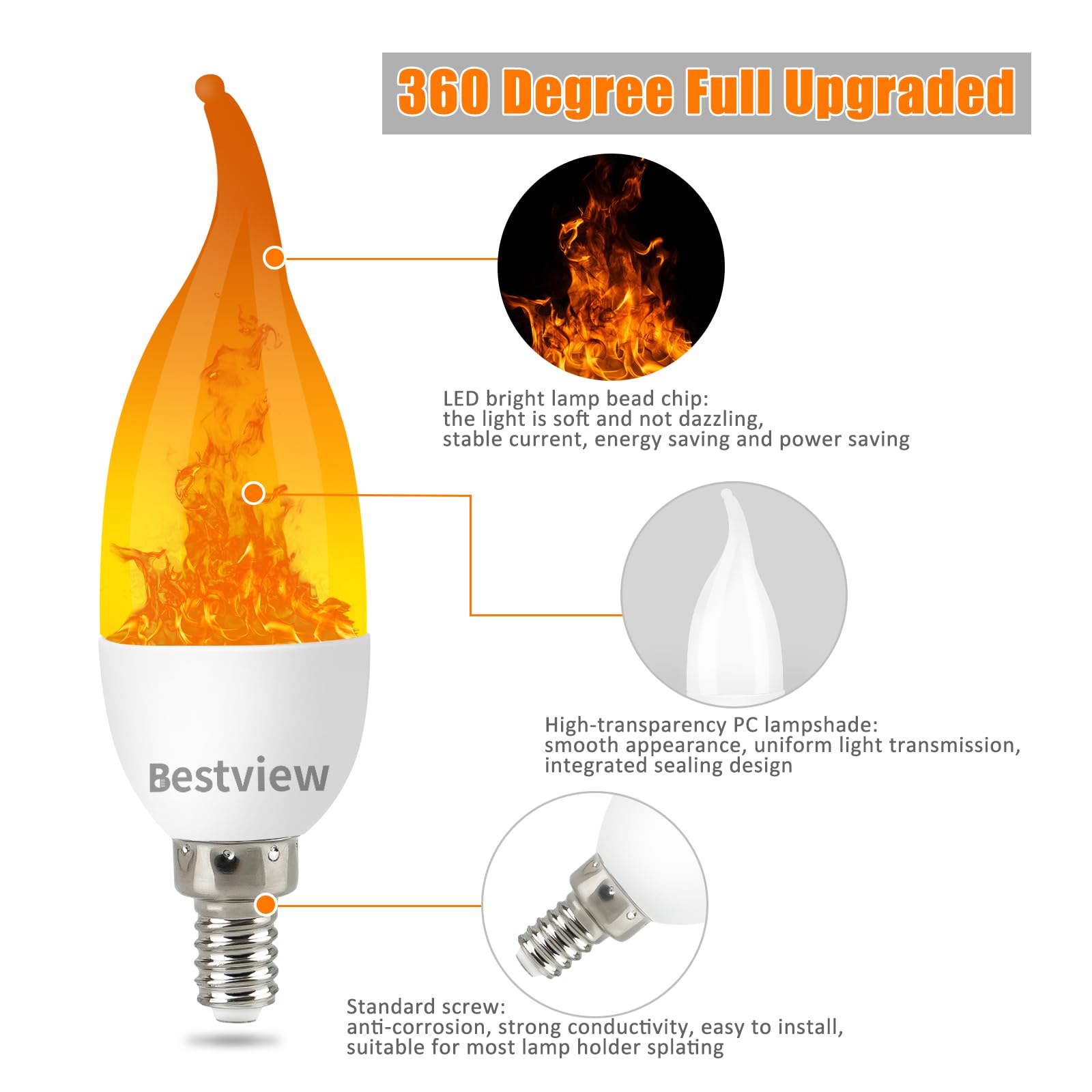 Bestview LED Flame Effect Light Bulbs, E12 Chandelier Base, Warm Yellow, 3 Modes, 6 Pack for Indoor & Outdoor Decoration