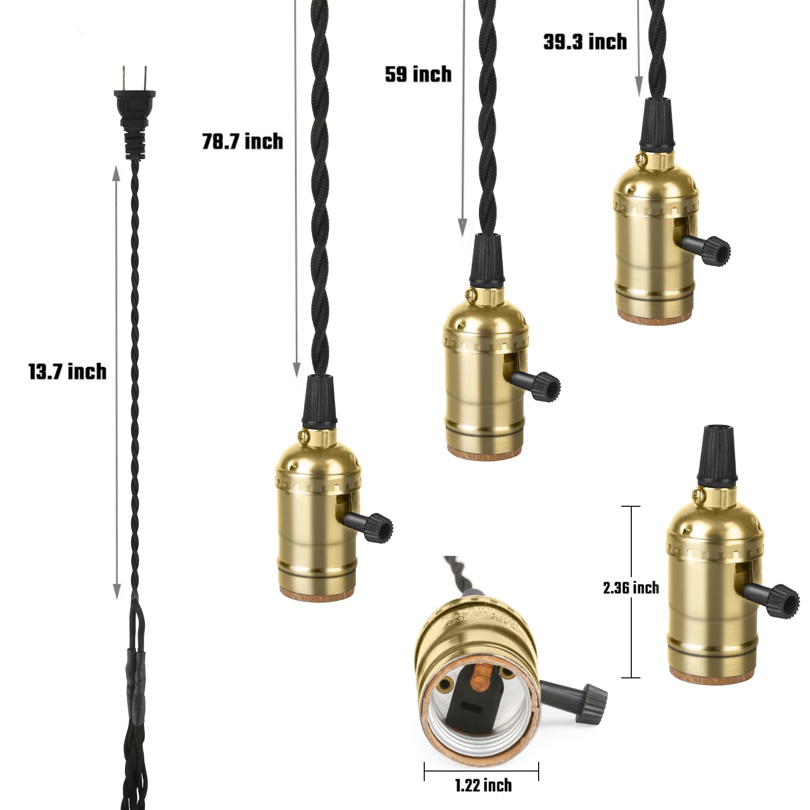 Aokpsrt Vintage Gold Plug-In Pendant Light With 3 Sockets & Switches, 15.9 Ft Cord