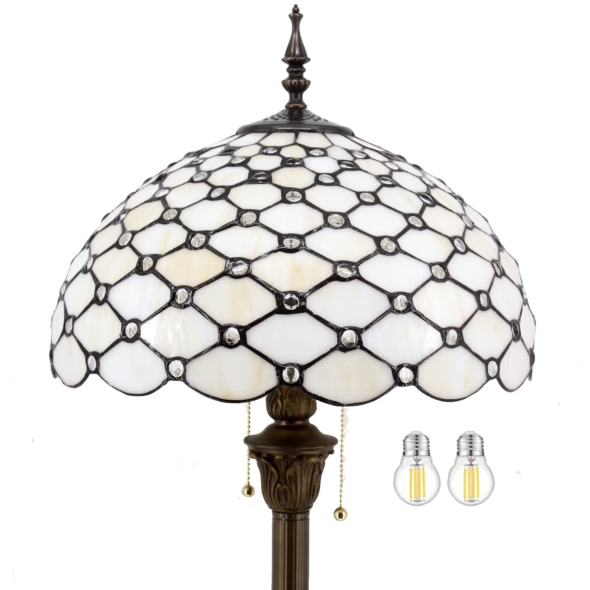 WERFACTORY Tiffany Floor Lamp Cream Amber Stained Glass Bead Standing Reading Light 16X16X64 Inches Antique Pole Corner Lamp Dec