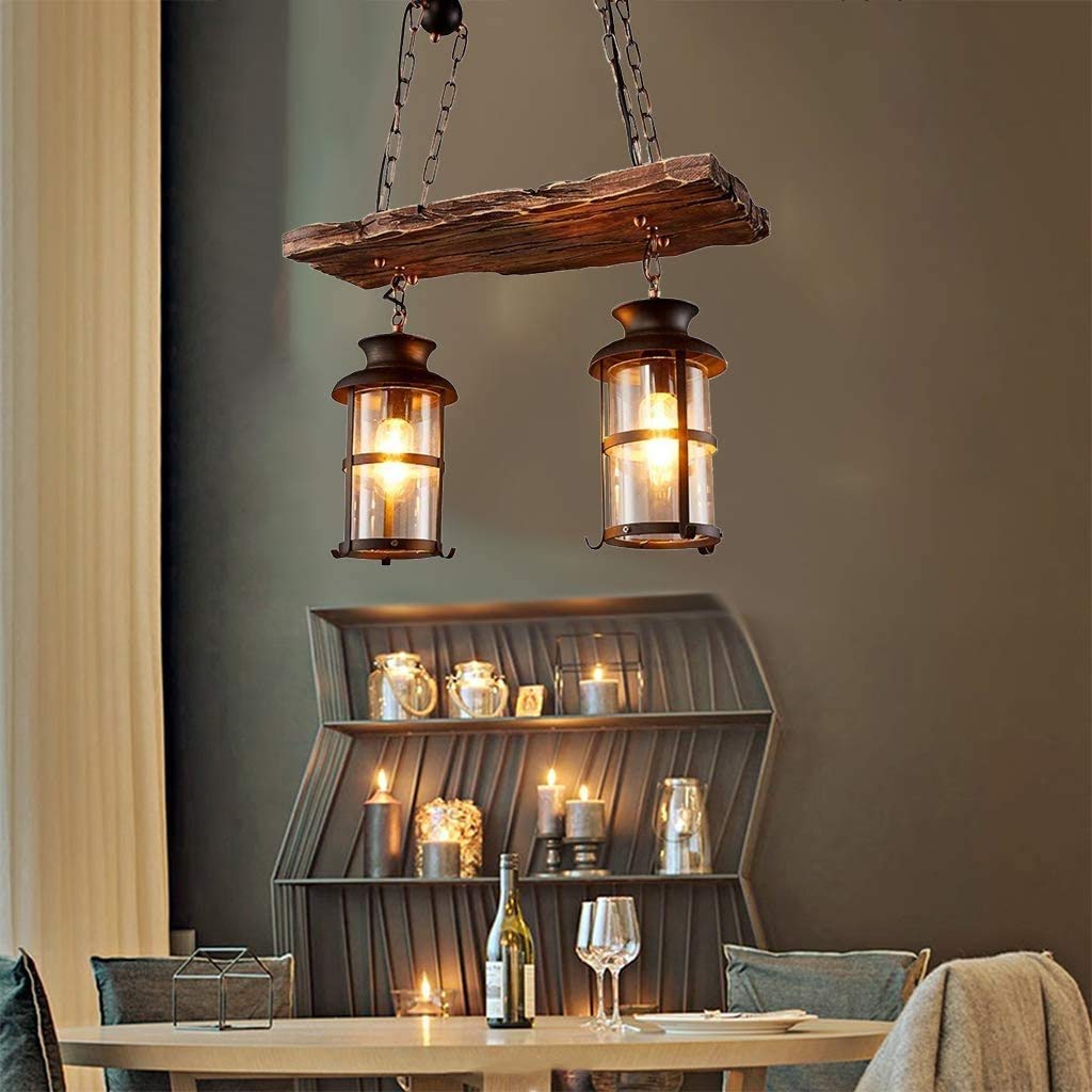 Eoyemin Wood Retro Pendant Lighting Industrial Chandelier 2 Heads Black Metal E27 Ceiling Lamp for Bedroom Restaurant Bar
