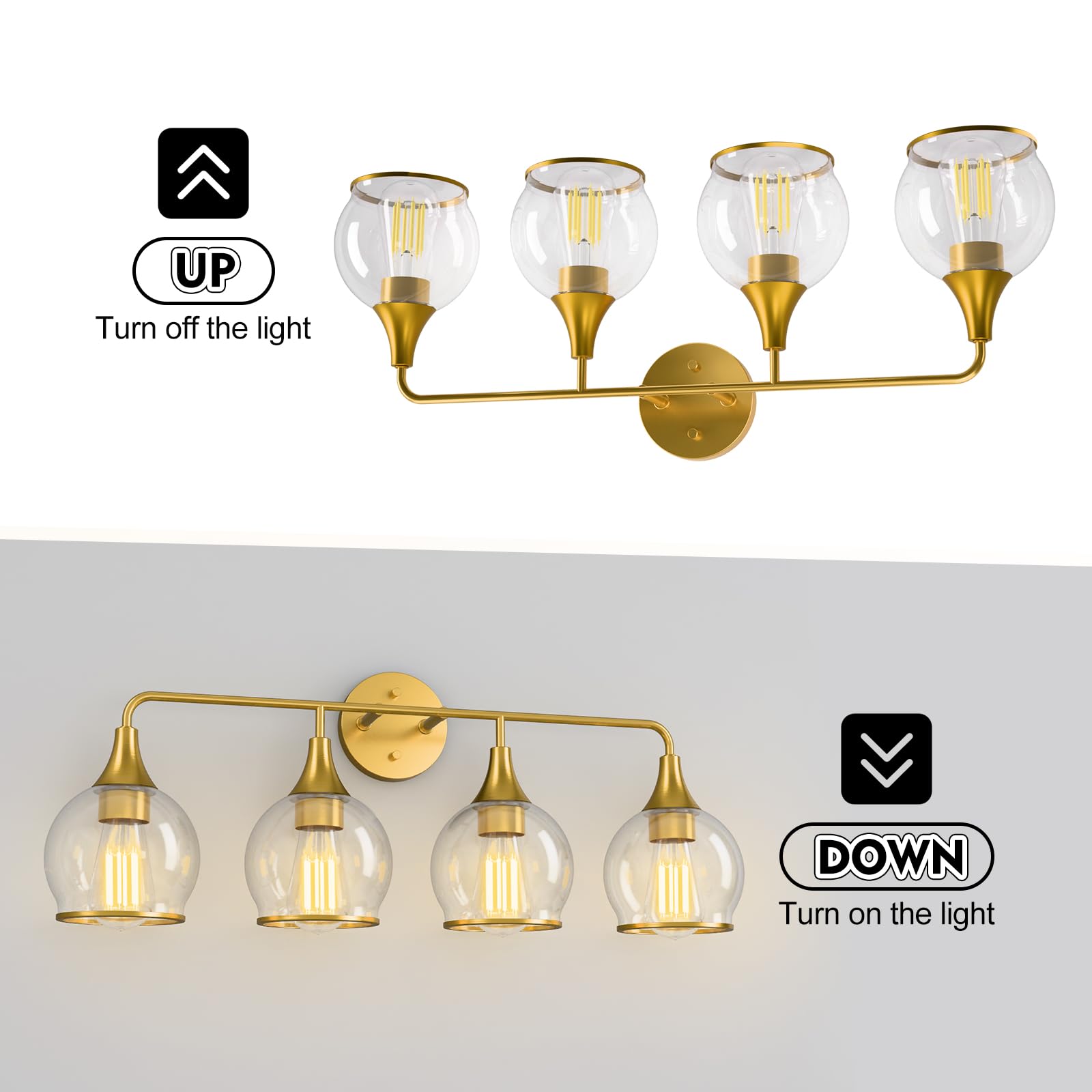 Lightania Bathroom Light Fixtures, 4-Light Vanity Lights with Clear Globe Glass Shade, Modern Gold Bathroom Vanity Light, Bathro