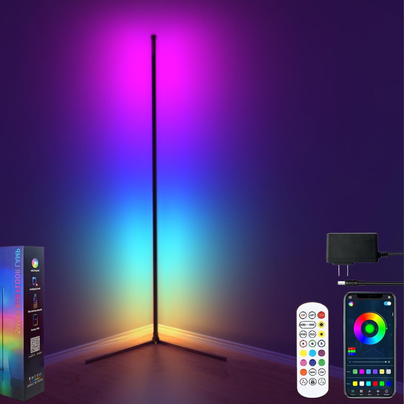 Pirvlin Corner Floor Lamp, 60”Smart Rgb Led Floor Lamp With App And Remote Control,High Brightness Led,16 Million Colors, Music Sync, Timer Setting, Mood Lighting,Ideal For Living Rooms, Bedrooms.
