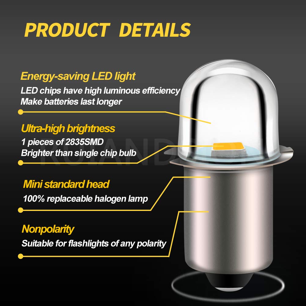 Ruiandsion LED Flashlight Bulb Replacement, Warm White, P13.5S Base Socket, 18V, Pack of 5