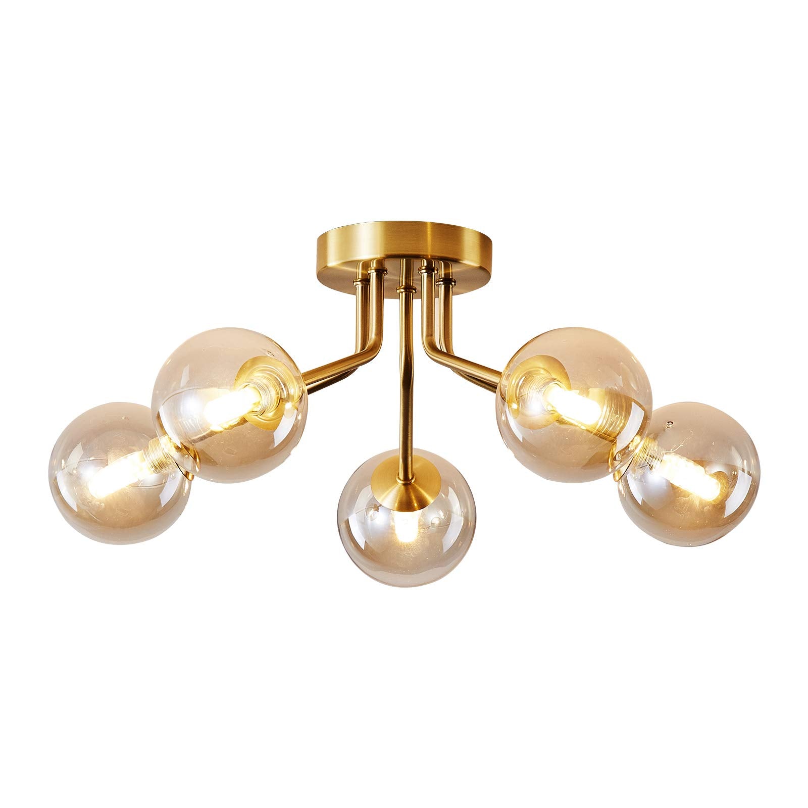 Modern Sputnik Chandeliers 5 Light Gold Semi Flush Mount Ceiling Light Fixture Pendant Lamps Bulb with Glass Globe Lighting for 