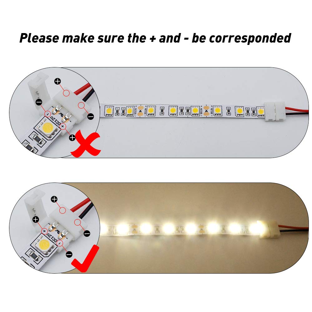 Lightingwill 10Pcs Strip Wire Connectors, 2Pin 10Mm, Solderless Snap Down For 10Mm Wide 5050/5630 Led Strips, Pigtail Connect