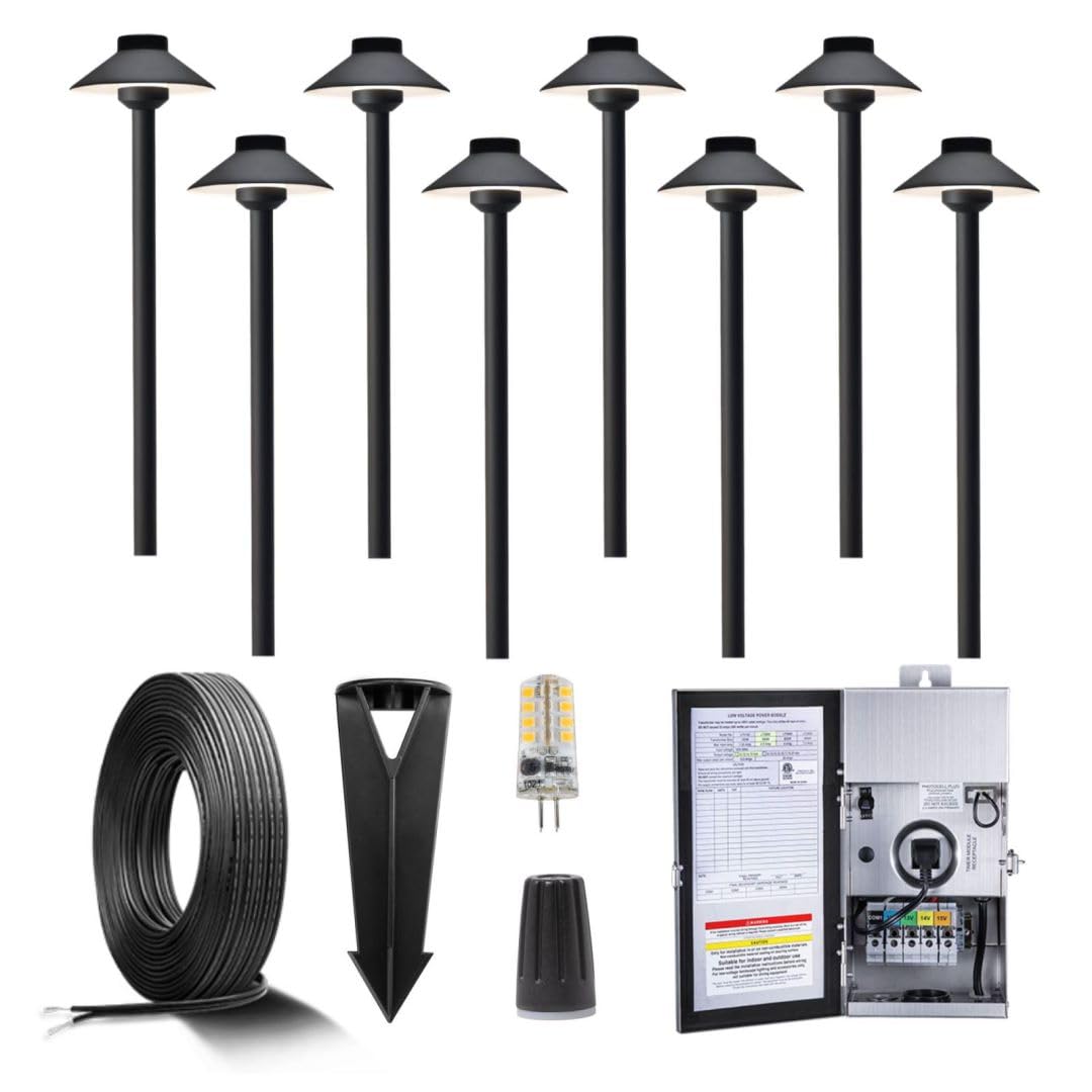 Gardenreet Black Brass Low Voltage Pathway Lights Kit(8 Pack) 12V LED with 150W Low Voltage Transformer and Mechanical Timer and