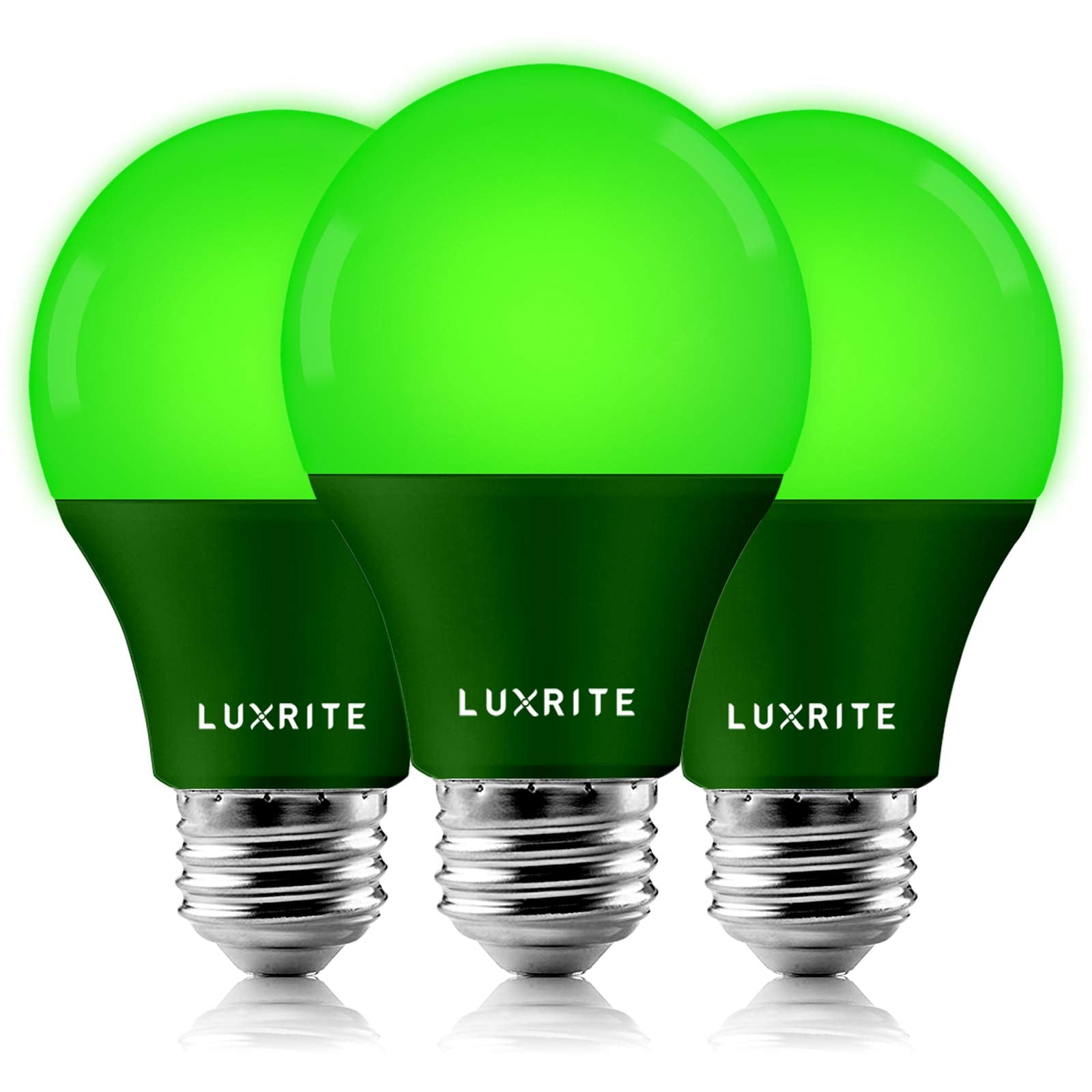 LUXRITE A19 LED Green Light Bulb, 60W Equivalent, Non-Dimmable, E26 Base, 3 Count