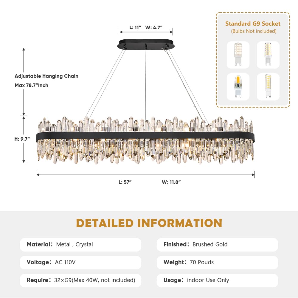 LIZZTREE Black Oval Crystal Chandelier, 32-Lights Pendant Light Fixture, L57 inch, Metal for Kitchen Island, Model LIZZ-8019-BLL1450