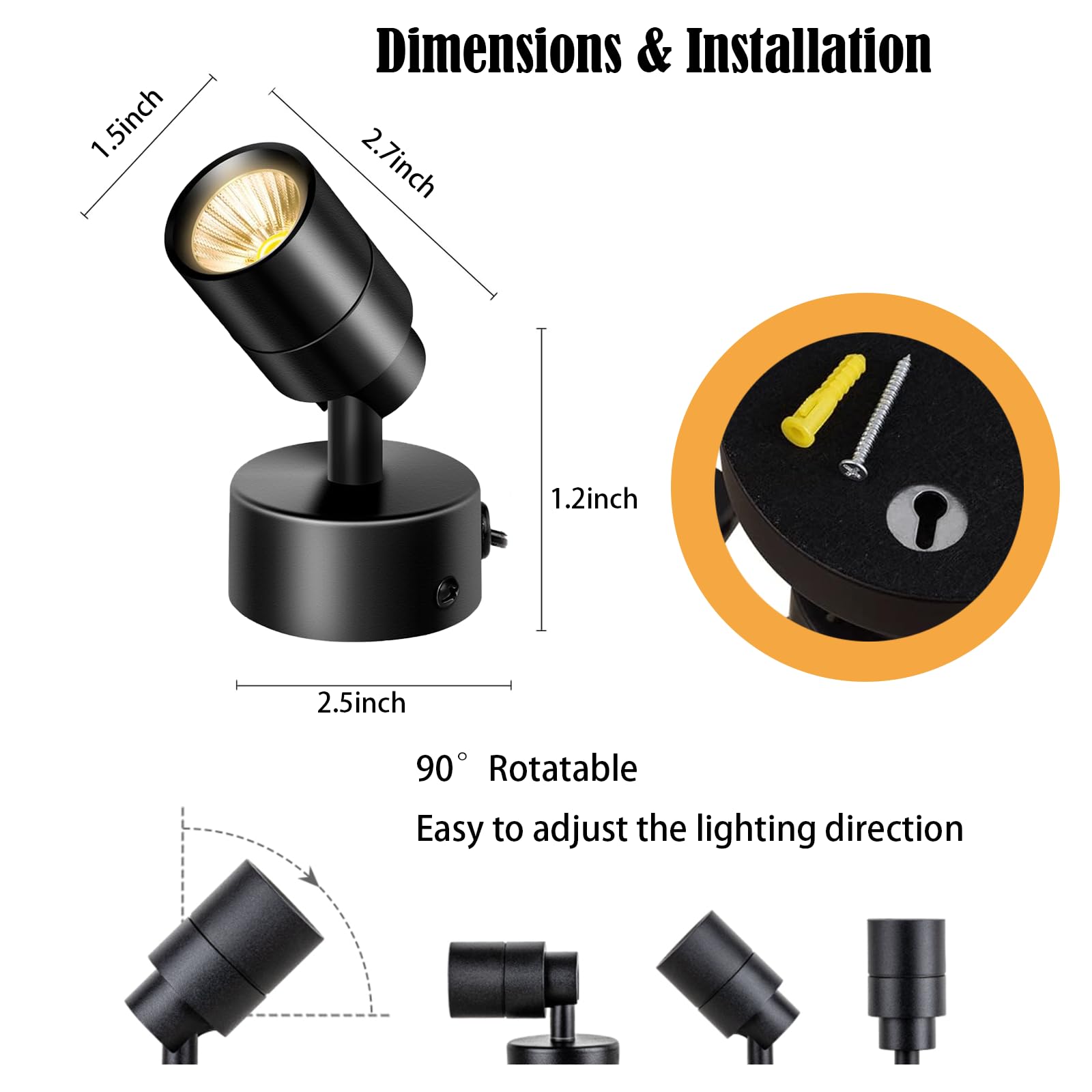 MIOBLUE 2Pack LED Spotlights Indoor, 3W Dimmable with Remote Control, Timer, 3 Colors, 5.9 FT Cord, Black, Model 03Spot-