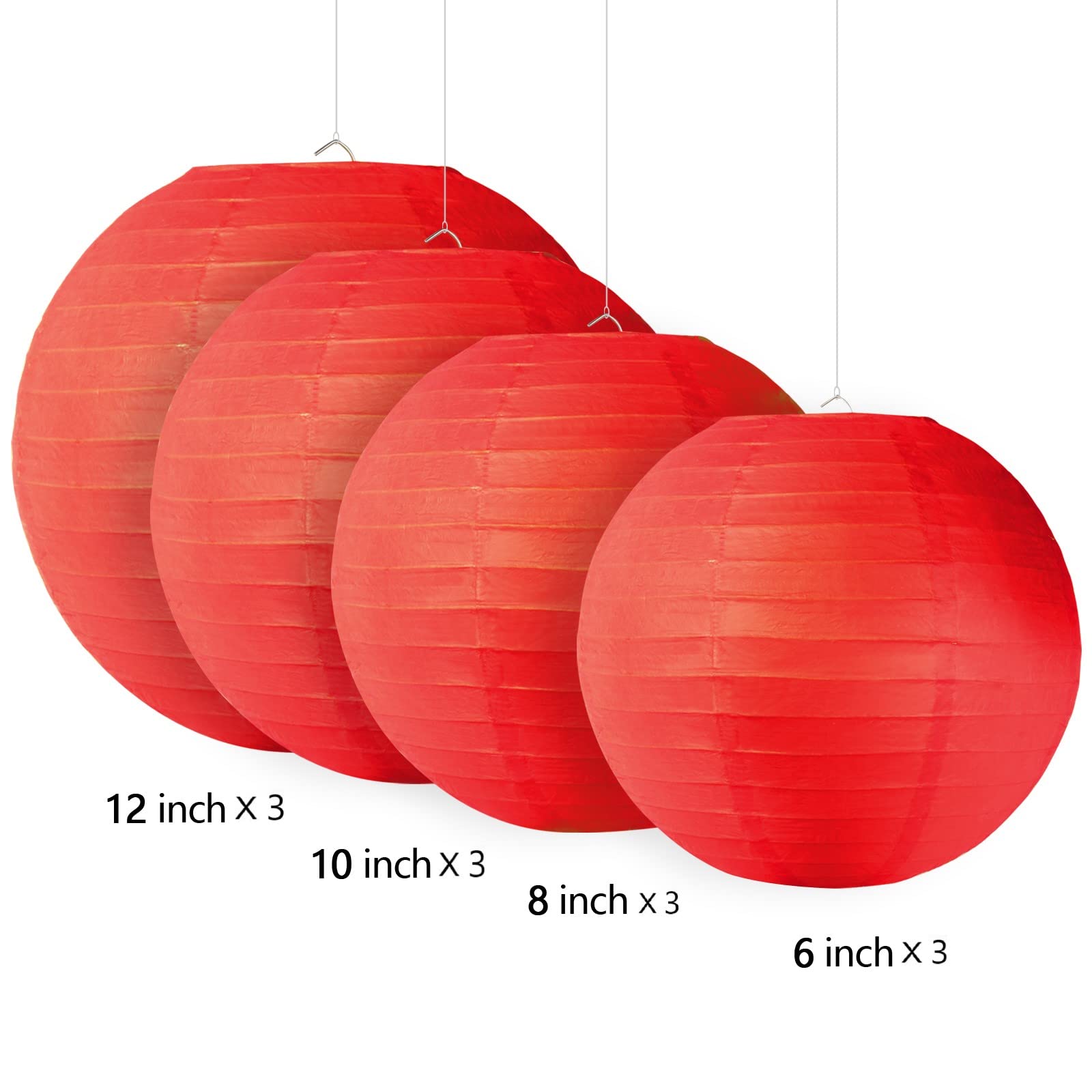 12Pcs Red Paper Lanterns With 12Pcs White Led Lights, 6&quot; 8&quot; 10&quot; 12&quot; Round Hanging Chinese/Japanese Ball Lantern For Christmas Valentine'S Day 4Th Of July Party