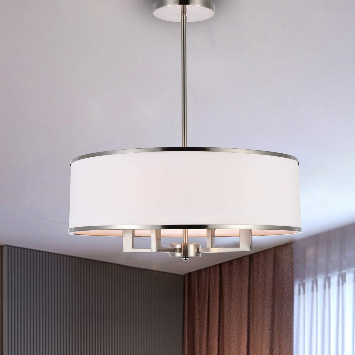 A1A9 Classic 4-Light Drum Pendant Lighting Fixture, 20'' White Fabric Shade, Vertical Rod Semi Flush Mount Ceiling Lights, Brushed Nickel Chandelier For Foyer Entryway Hallway Dining Room