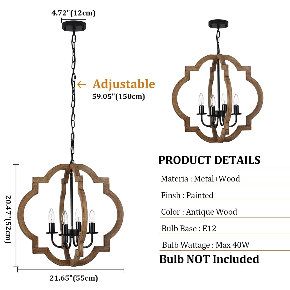 TOULMJ 4-Light Farmhouse Chandelier, Rustic Wood Orb Pendant Light, 21.65'' for Dining Room, Kitchen, Hallway, UL-Listed