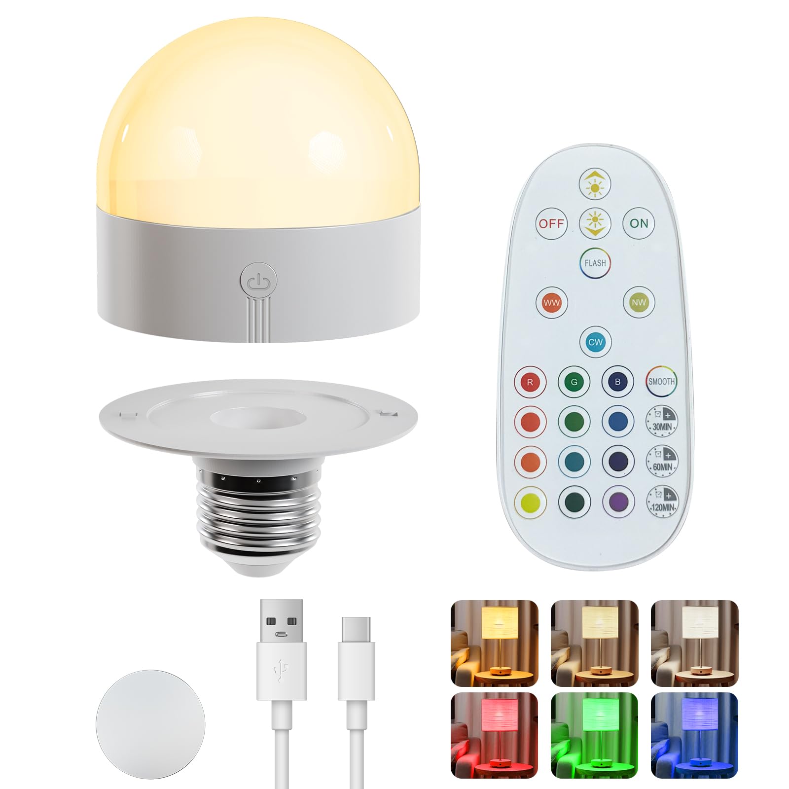 Mxhme E26 Rechargeable Light Bulb With Remote And Timer,Battery Operated Light Bulb For Sconces And Lamps,E26 Detachable Chargin