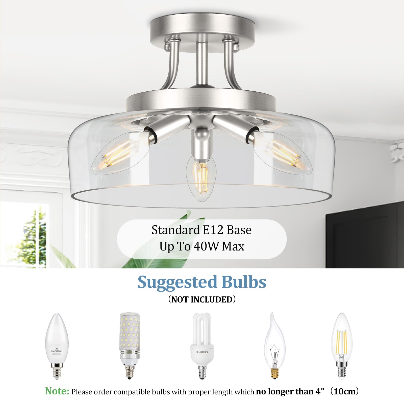 3-Light Semi Flush Mount Ceiling Light Fixture, Modern Industrial Glass Ceiling Light With E12 Base, Metal Semi Flush Ceiling Li