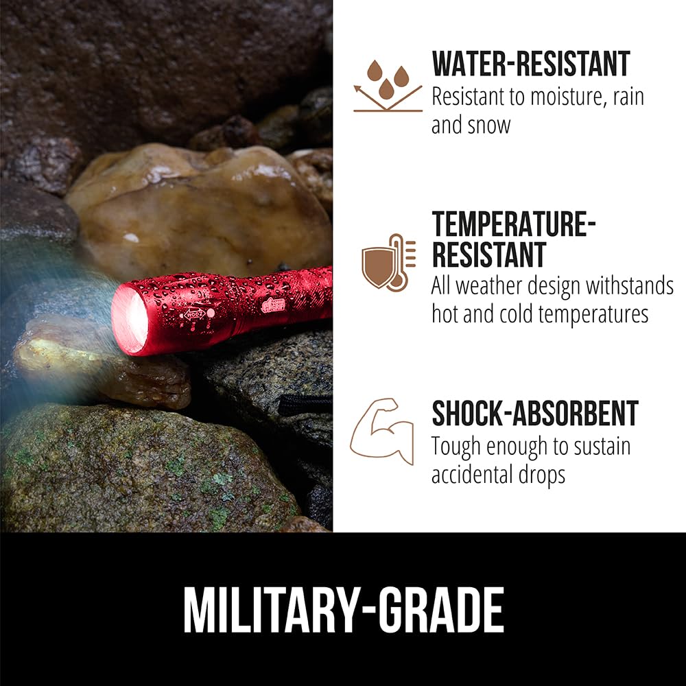 Gorilla Grip LED Tactical Flashlight, 750 FT Zoom, High Lumens, Water Resistant, Red, Model 840029670910