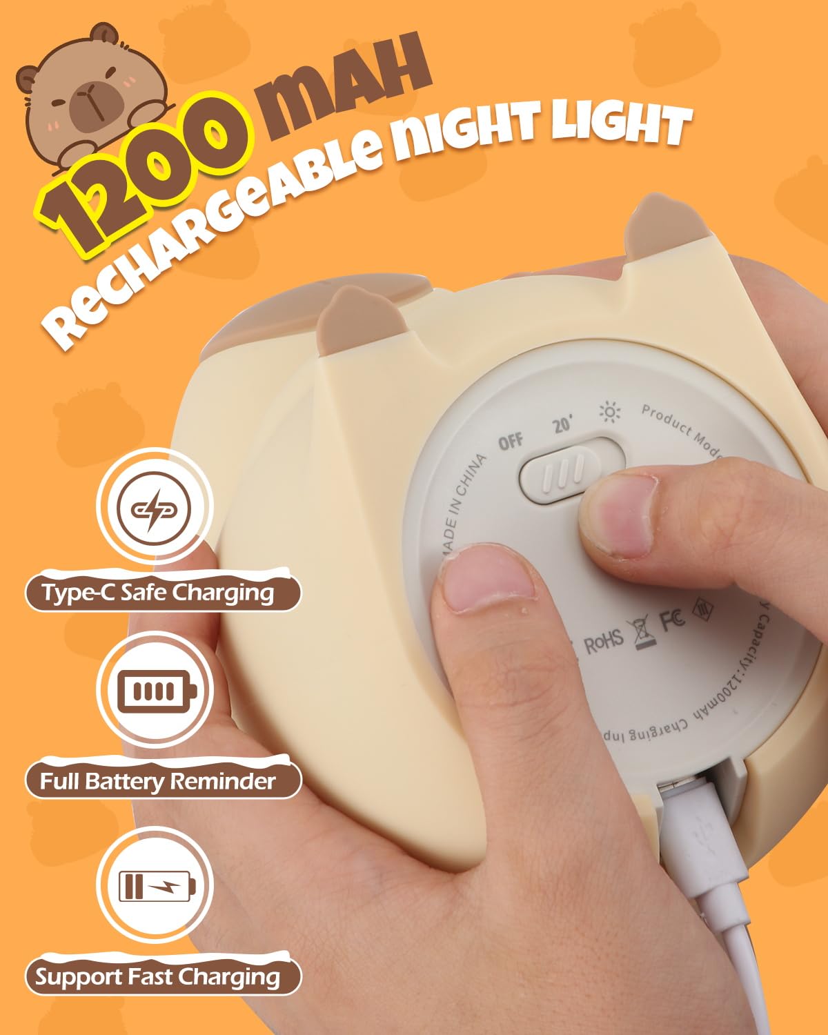Cute Capybara Night Light  Animal Lamp  Food Grade Silicone  Rechargeable  2 Level Dimmable  Squishy Nursery Nightlight For Desk Decor  Funny Gifts Stuff For Boys Girls Baby  White Elephant Gifts
