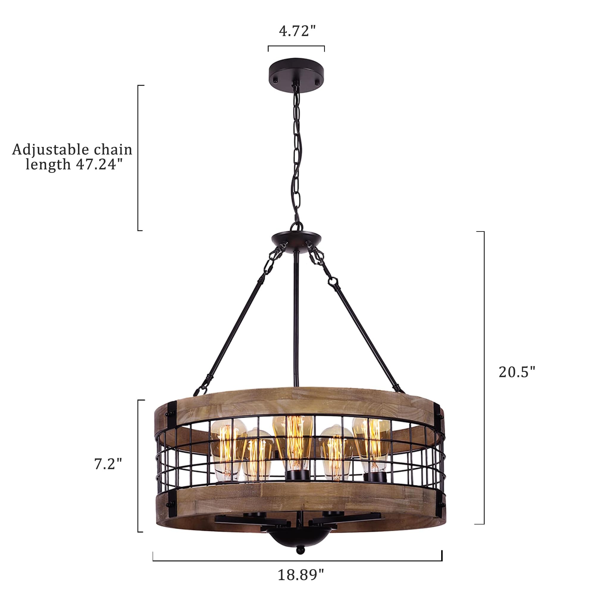 LamQee 19" 5-Light Farmhouse Chandelier - Adjustable Height, Wood & Black Metal Shade, Rustic Pendant Lighting for Dining Room, Kitchen, Foyer