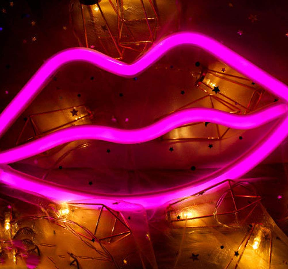 MorTime LED Neon Light, Pink Lip Shaped Sign for Party and Room Decoration, Plastic, Model LJQICLWN31