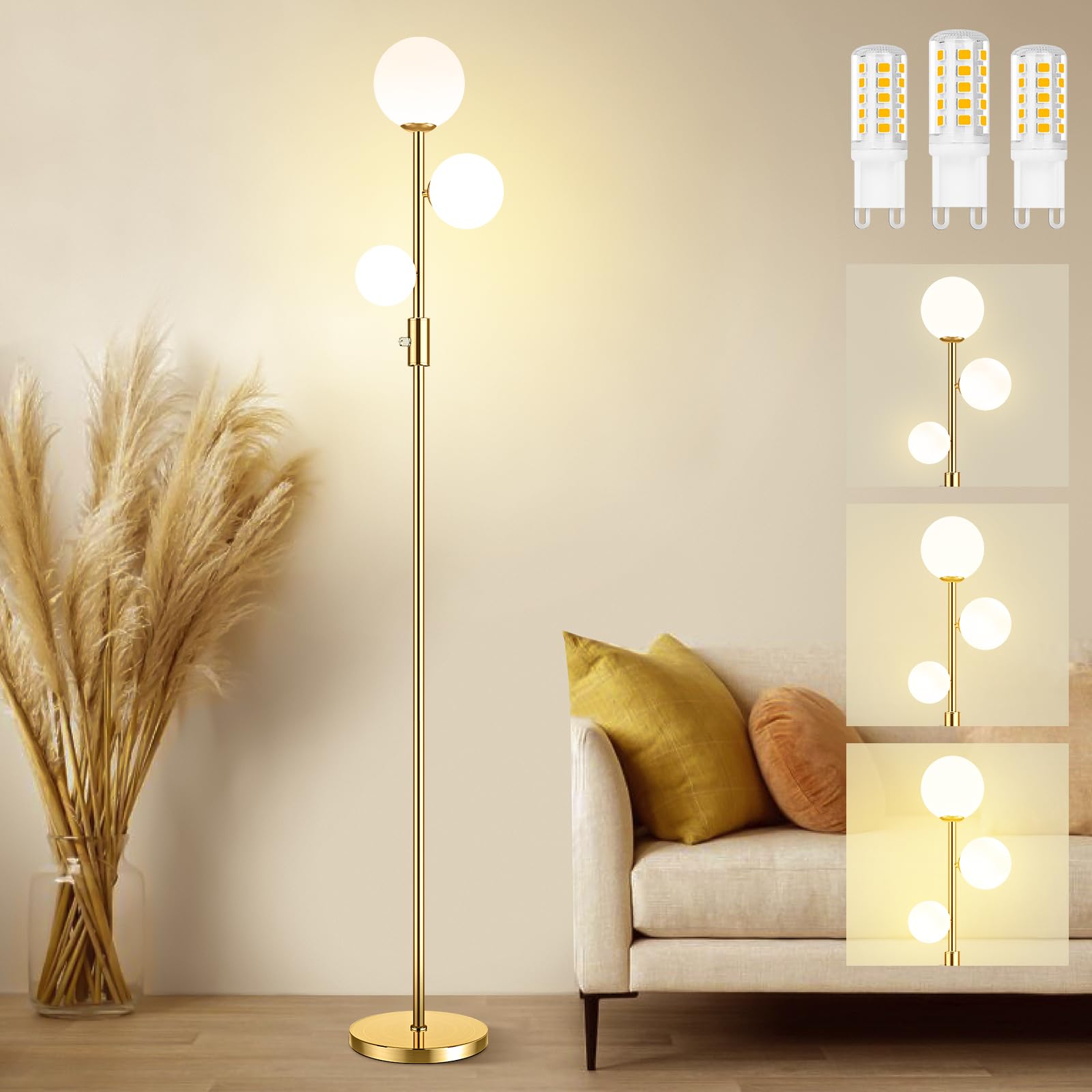 Sucolite 69'' 3-Globe Mid Century Floor Lamp for Living Room, Modern Dimmable Tall Standing Lamp with Frosted Glass Shades, Cont