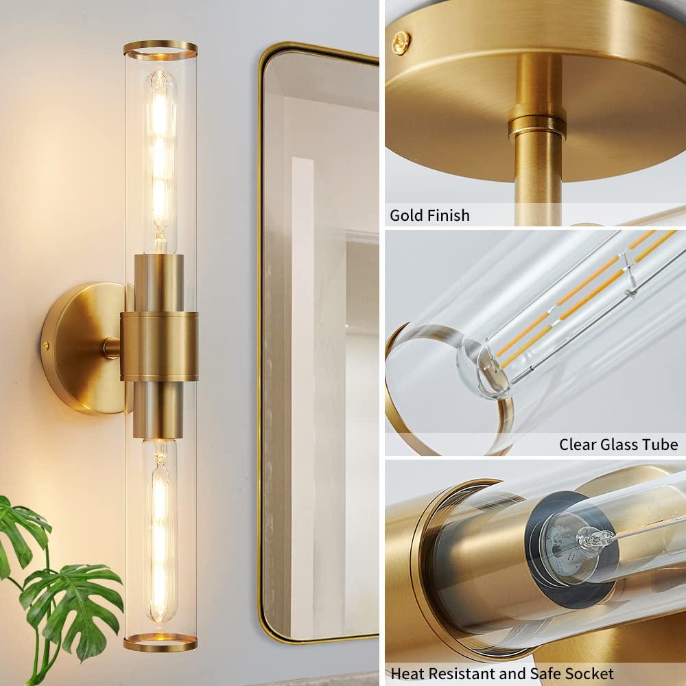 Vaziden Gold Wall Sconce, Bathroom Light Fixtures In Clear Glass Indoor Wall Sconces, Modern Sconce Wall Lighting Up And Down Vanity Lights Fixtures For Bathroom,Living Room,Hallway, Kitchen