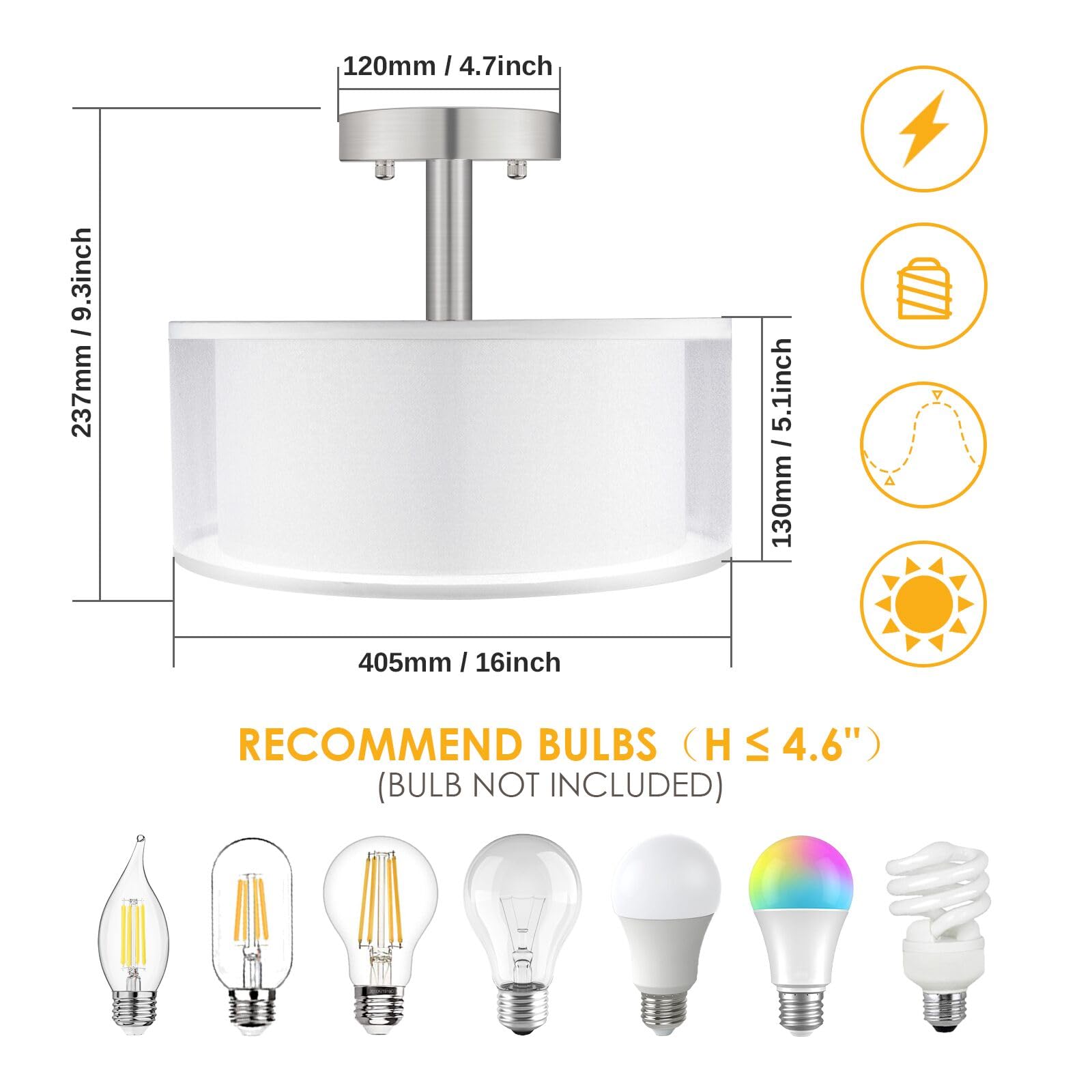 FOLKSMATE 3-Light Semi Flush Mount Ceiling Light Fixture, 16 Inch, White, Iron and Fabric, Model aeb9981f-cb92-4f8b-864