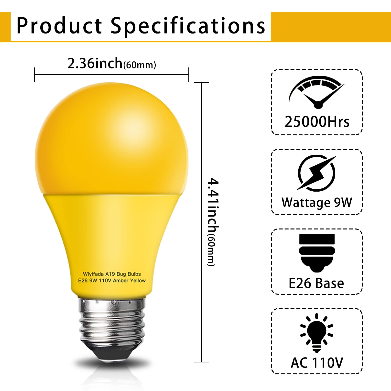 Wiyifada 9W Dimmable Amber Yellow Bug Light Bulbs, 2 Pack, Replace Up To 100W,