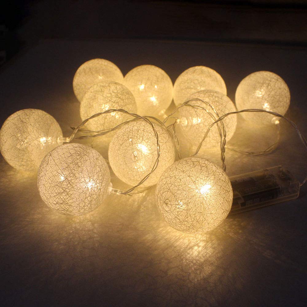 Anordsem Cotton Lights - White Battery Operated Ball String Light For Bedroom Decor, 2 Pack