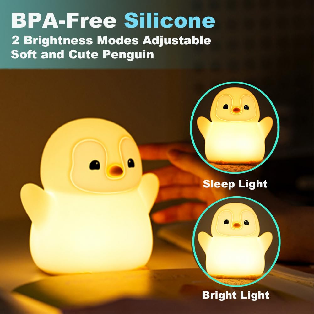 Kangten Chen Cute Penguin Night Light For Kids Bedroom, Animal Silicone Nursery Night Lamp Touch Control Nightlights Usb Recharg