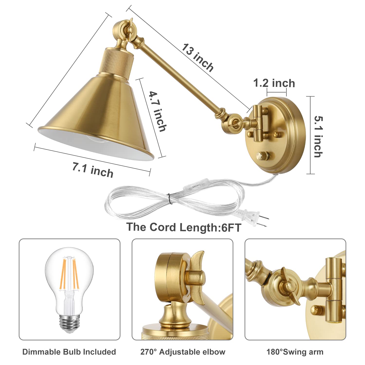 Trlife Wall Sconce Plug In, Dimmable Wall Sconces Set Of 2 Wall Lights With Plug In Cord And Dimmer On/Off Knob Switch, Brushed