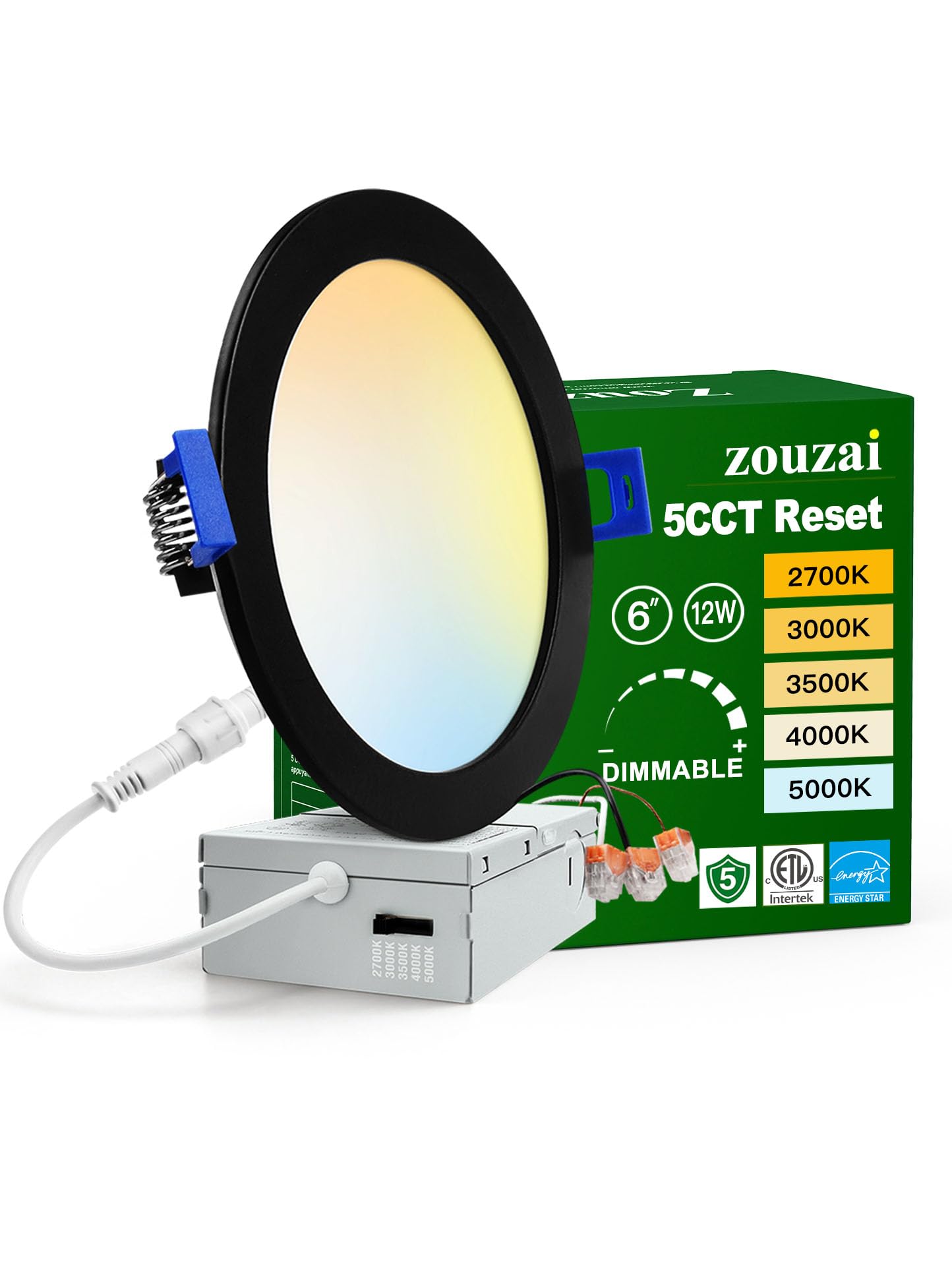 zouzai 1 Pack 6 Inch Black 5CCT Reset Ultra-Thin LED Recessed Ceiling Light with Junction Box, 2700K/3000K/3500K/4000K/5000K Sel