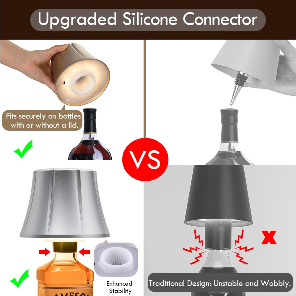 WILIT Wireless Bottle Lamp, Dimmable Cordless Night Light, Battery Operated, Matt Silver