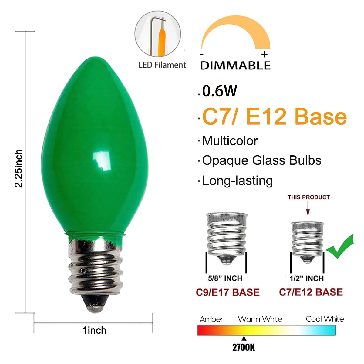 25 Pack C7 Led Multicolor Christmas Replacement Light Bulbs, C7 Vintage Multicolor Ceramic Led Bulbs For Christmas Outdoor Indoo