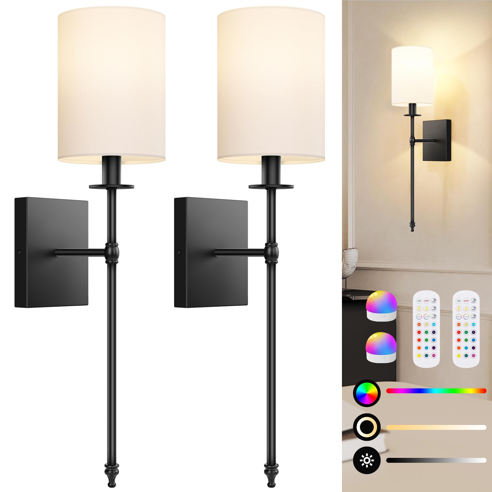 Bosceos Wall Sconces Set of 2, Rechargeable Wireless Lights, Dimmable, 24.8 Inch, Black and White, Model L2018-1BK
