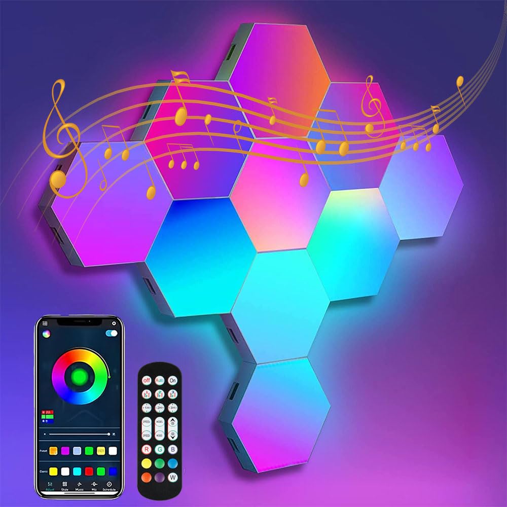 IFTHFOUR Hexagon LED Wall Light Panels: Smart RGB Color-Changing Hexagon Lights with App & Remote Control, Music Sync Mode,DIY W