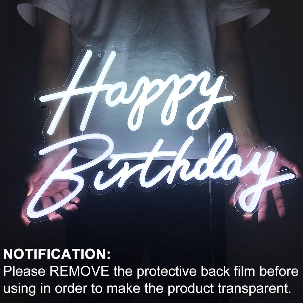 Colysor Happy Birthday Neon Sign, LED Wall Decor, Dimmable, 23x14inch, White, Model 001