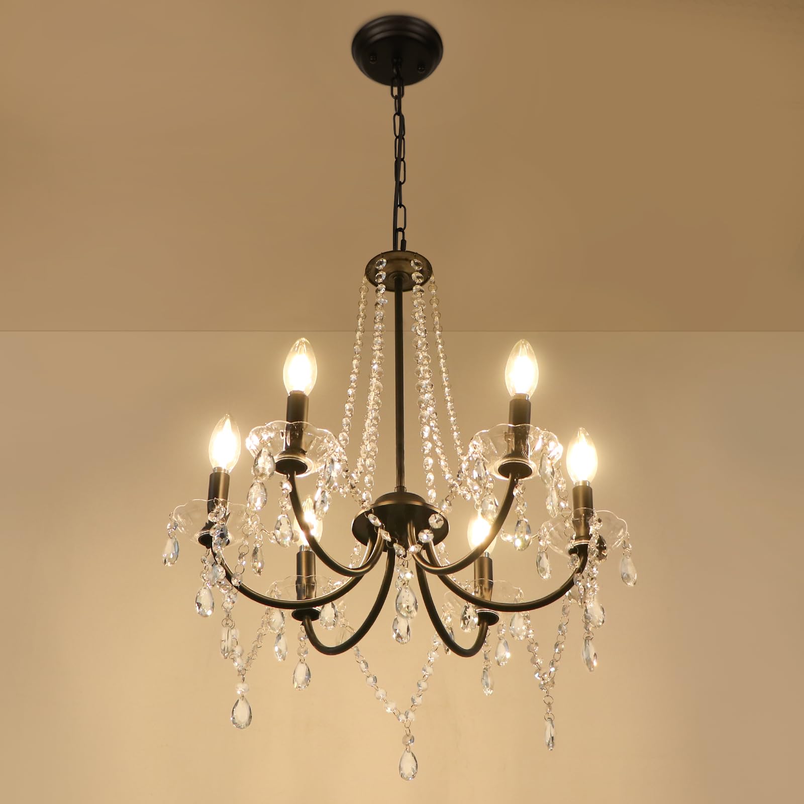 LynPon Black Crystal Chandeliers for Dining Room  6 Lights Modern Farmhouse Chandeliers  Vintage Candle Hanging Pendant Flush Mount Chandelier for Bedroom  Bathroom  Kitchen  Foyer  Entryway
