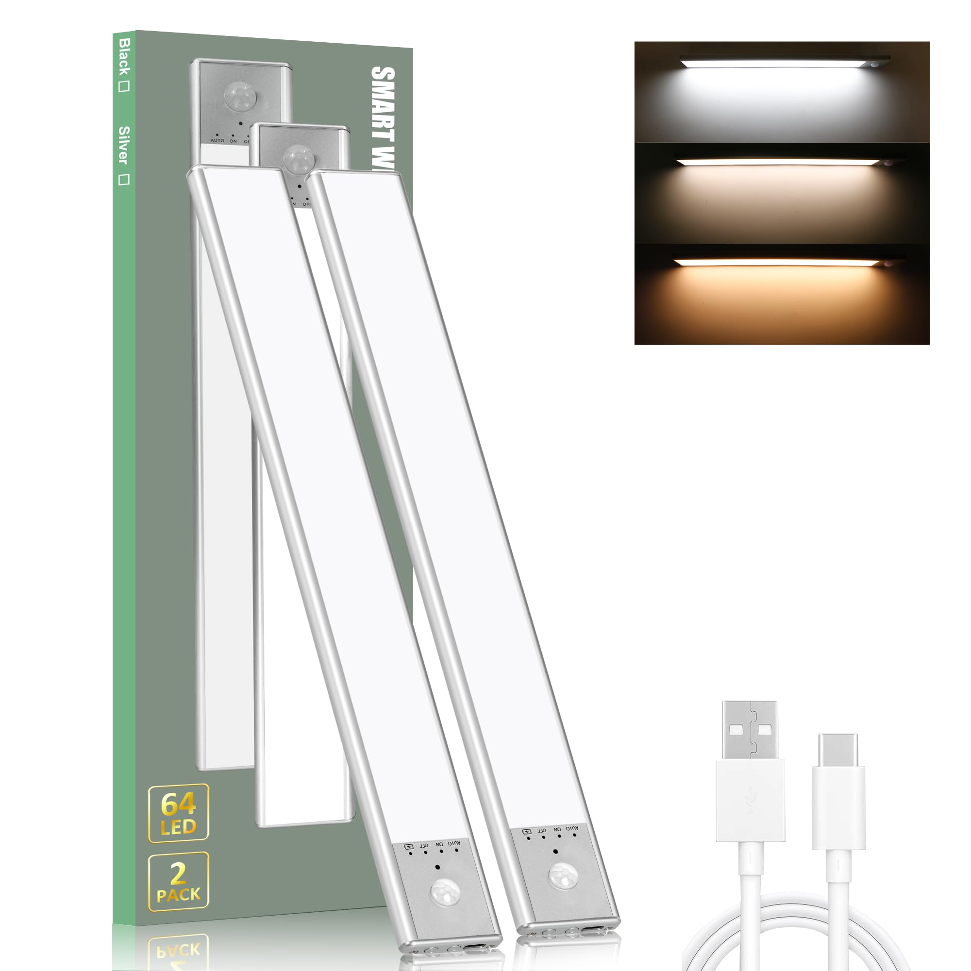 Under Cabinet Lights With 3 Color Temperature, 2 Pack Dimmable Rechargeable Battery Operated Lights, Magnetic Wireless Motion Sensor Light Indoor, 64 Led Under Cabinet Lighting, Closet Lights, 2000Mah
