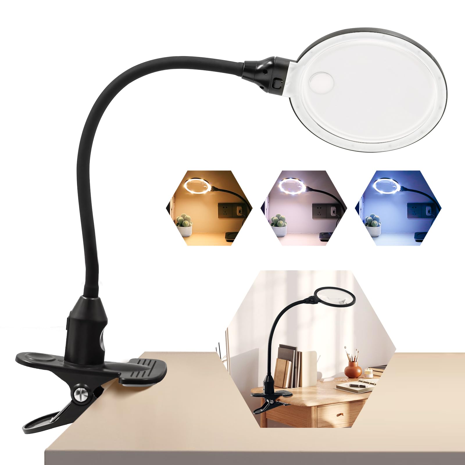Hulboer 30X Magnifying Glass With Light And Clamp, 5.9 Inch Large Magnifier Lamp, 3 Color Modes Dimmable, Hands-Free Flexible Go