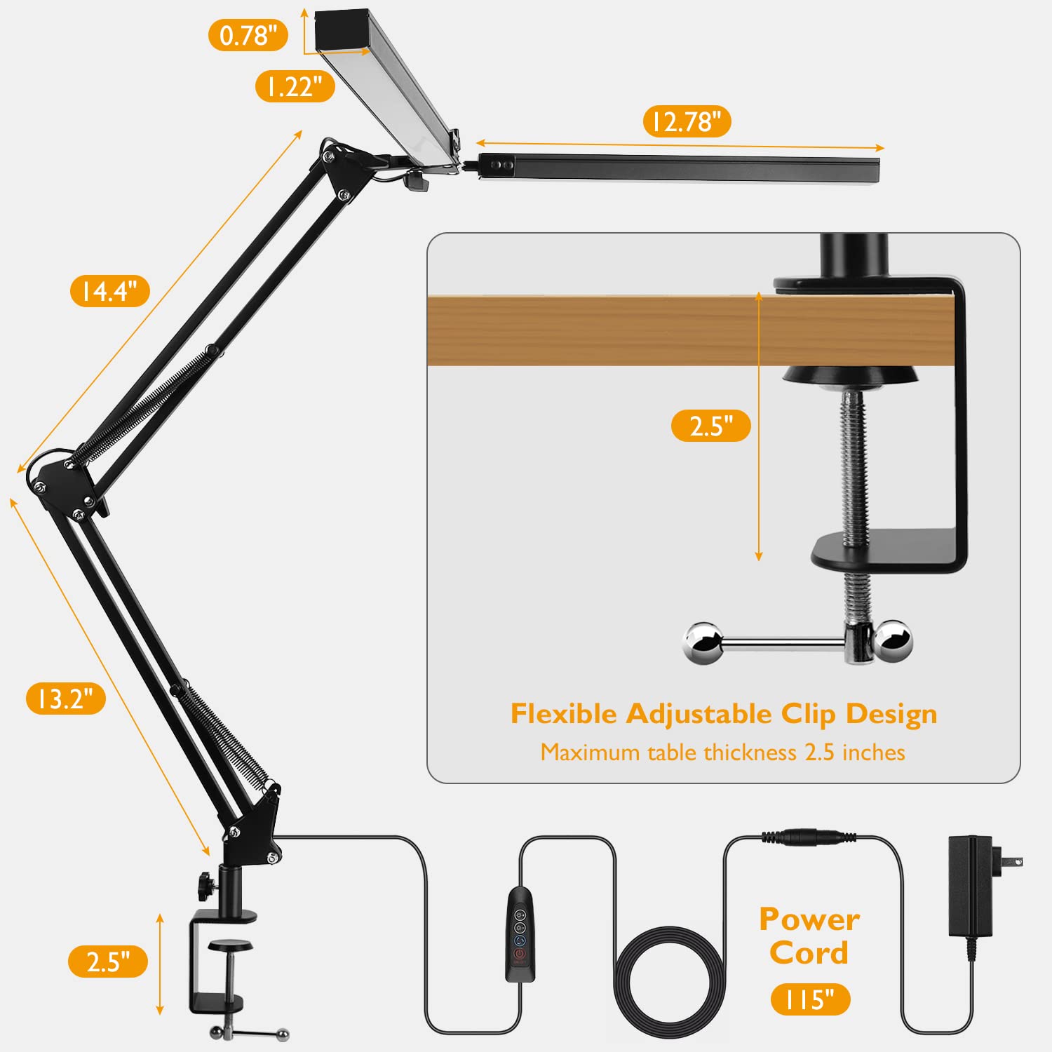 Jostic Led Desk Lamp With Clamp, 5 Color Modes, 10%-100% Dimmable, Modern Swing Arm Lighting