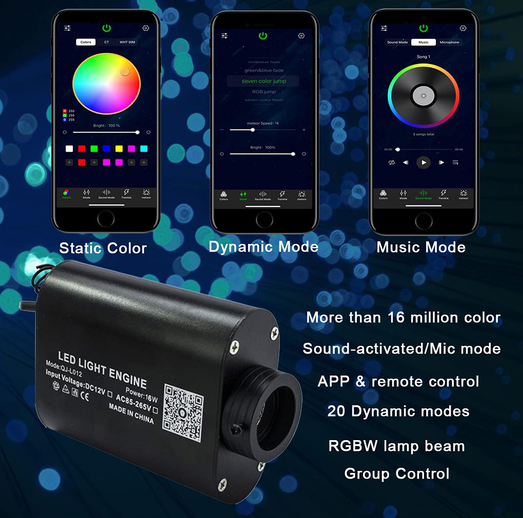 Azimom 16W Car Use Sound Activated Fiber Optic Light Box Engine Music Sensor Mode Rgbw App/Remote Control Starlight Engine Driver For Car Indoor Star Lighting Decoration
