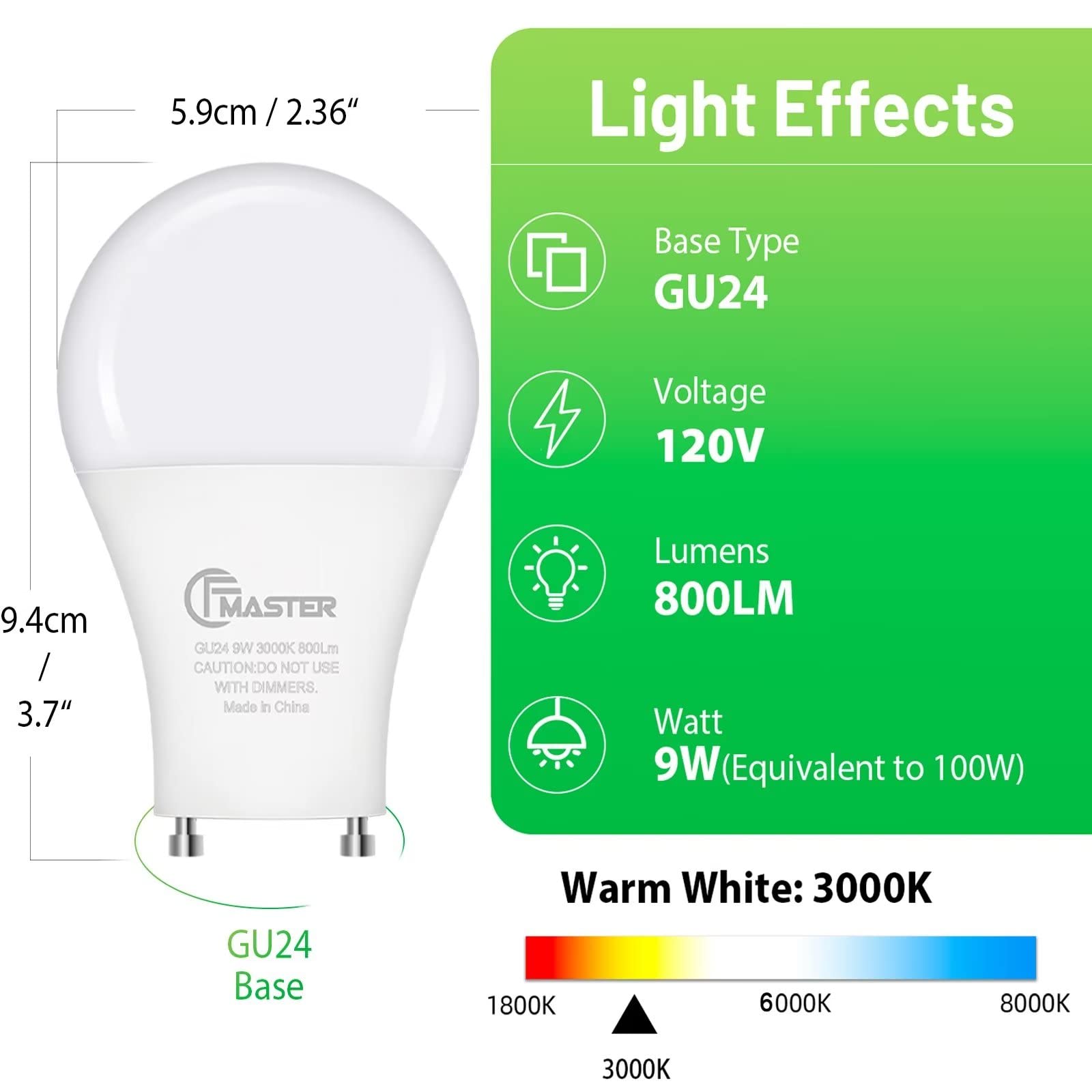 Cfmaster Gu24 Led Light Bulb, 3000K Warm White, 9W(100W Equivalent), 800 Lumens, A19 Shape Gu24 Led Bulbs, Twist And Lock Gu24 Pin Base With Two Prongs, Non-Dimmable, Ul Etl Certificated(6-Pack)