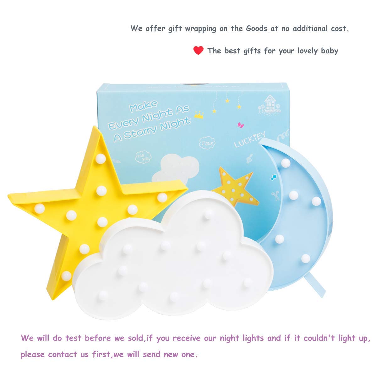 Wanxing 3PCS LED Night Lights Set - Decorative Crescent Moon, Cloud & Star - White