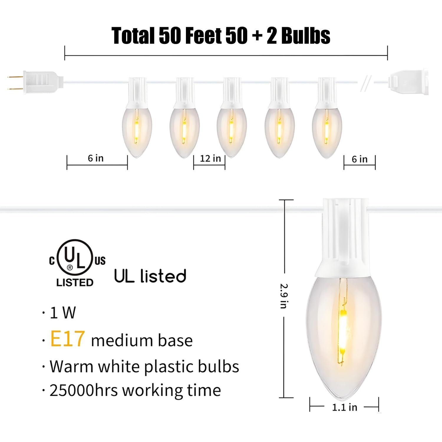 Minetom Vintage C9 LED Christmas Lights, 50Ft String, Shatterproof Bulbs, Warm White-White Wire, Model GYPC-O25LAU